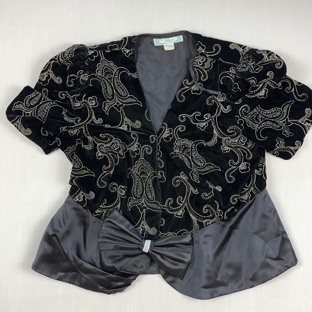 Filigree Vintage Black Velvet Paisley Embroidered Peplum Bow Jacket Size 16.5